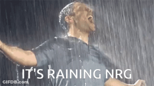 A Man Is Singing In The Rain With The Words `` It 'S Raining Nrg '' Written On The Bottom . GIF