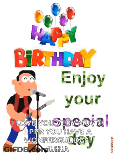 A Man Is Singing Into A Microphone While Holding A Guitar . GIF