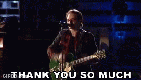 A Man Is Singing Into A Microphone While Holding A Guitar And The Words Thank You So Much Are Below Him GIF