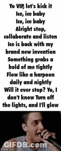 A Man Is Singing Into A Microphone With Lyrics On A Poster Behind Him GIF