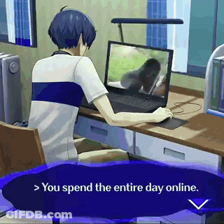 A Man Is Sitting At A Desk Using A Laptop Computer With The Words " You Spend The Entire Day Online " Below Him GIF