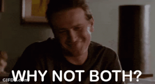 A Man Is Sitting At A Table And Smiling While Asking Why Not Both ? GIF
