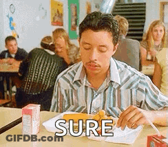 A Man Is Sitting At A Table Eating A Meal With The Word Sure Written On The Table . GIF