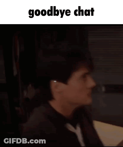 A Man Is Sitting At A Table Talking Into A Microphone With The Words Goodbye Chat Written Above Him . GIF