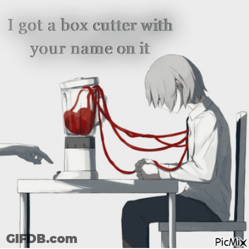 A Man Is Sitting At A Table With A Blender And A Red String Tied Around His Neck GIF