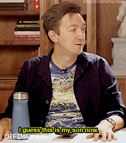 A Man Is Sitting At A Table With A Blue Water Bottle And Says I Guess This Is My Son Now GIF