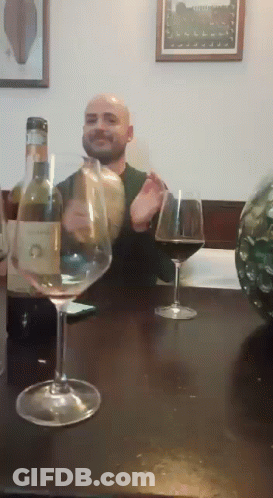 A Man Is Sitting At A Table With A Bottle Of Wine And A Glass Of Wine GIF