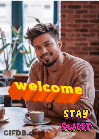 A Man Is Sitting At A Table With A Cup Of Coffee And A Croissant With The Words Welcome Stay Sweet Behind Him GIF