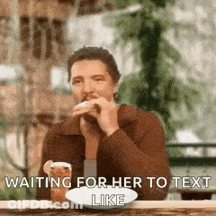 A Man Is Sitting At A Table With A Glass Of Beer And A Plate Of Food And Waiting For Her To Text Him . GIF