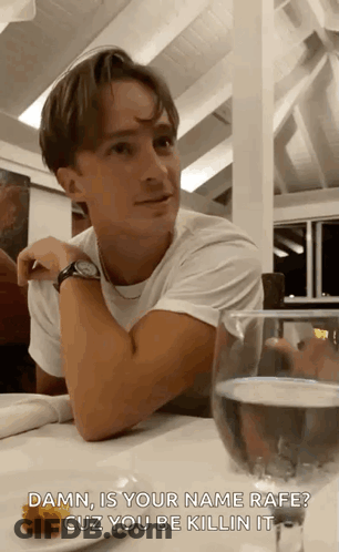 A Man Is Sitting At A Table With A Glass Of Water And A Plate Of Food And Says " Damn Is Your Name Rafe " GIF