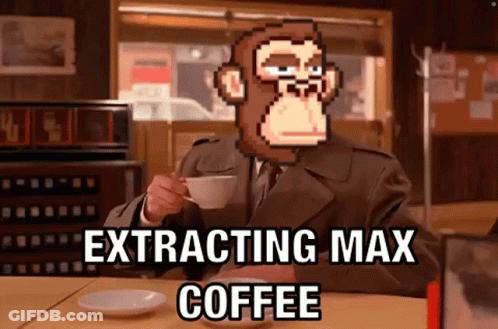 A Man Is Sitting At A Table With A Monkey On His Head And The Words Extracting Max Coffee Below Him GIF