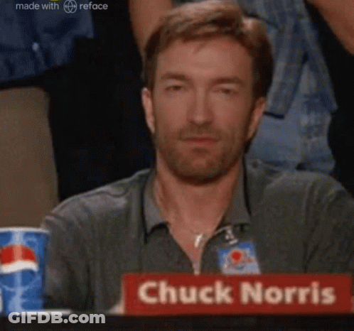 A Man Is Sitting At A Table With A Sign That Says Chuck Norris On It . GIF