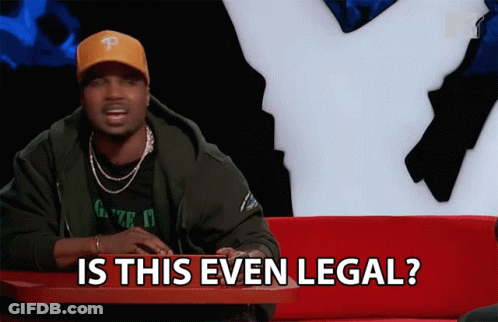 A Man Is Sitting At A Table With The Words Is This Even Legal GIF