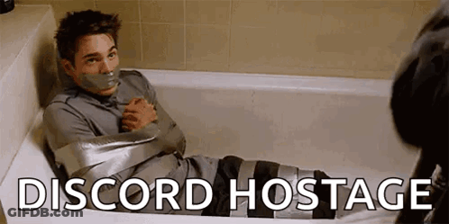 A Man Is Sitting In A Bathtub Wrapped In Duct Tape With The Words `` Discord Hostage '' Written Above Him . GIF
