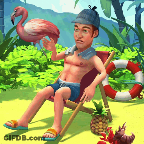 A Man Is Sitting In A Beach Chair With A Flamingo And A Life Preserver GIF