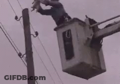 A Man Is Sitting In A Bucket On Top Of A Power Pole Holding A Bird . GIF