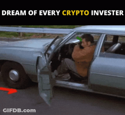 A Man Is Sitting In A Car With The Door Open And The Words Dream Of Every Crypto Investor Below Him GIF