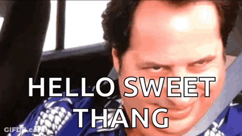 A Man Is Sitting In A Car With The Words Hello Sweet Thang On His Face GIF
