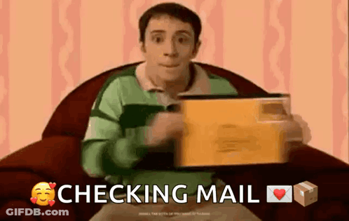 A Man Is Sitting In A Chair Holding An Envelope With The Words Checking Mail Below Him GIF