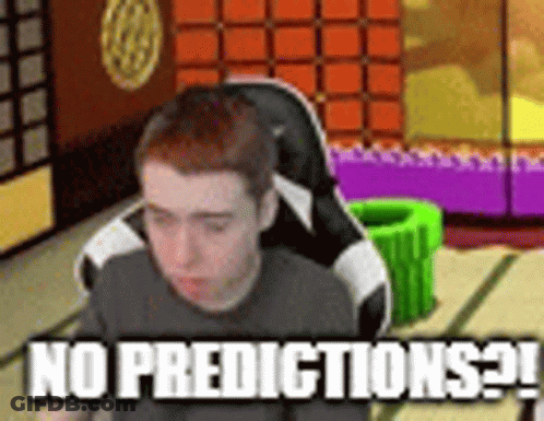 A Man Is Sitting In A Chair In A Room With The Words `` No Predictions '' Written On It . GIF