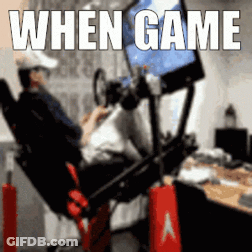 A Man Is Sitting In A Chair Playing A Video Game With The Words When Game Written Above Him GIF