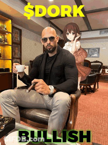 A Man Is Sitting In A Chair With A Woman Behind Him And The Words $ Dork Bullish On The Bottom GIF