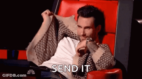 A Man Is Sitting In A Chair With His Arm Outstretched And The Words `` Send It '' Written On The Bottom . GIF