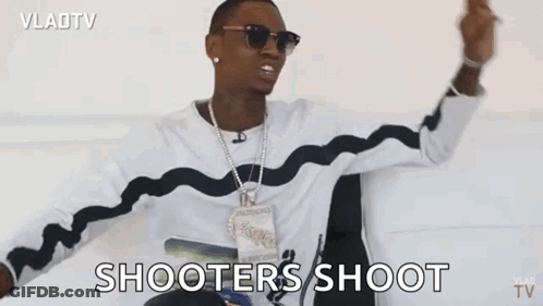 A Man Is Sitting In A Chair With His Arms In The Air And Says Shooters Shoot . GIF