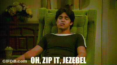A Man Is Sitting In A Chair With His Eyes Closed And The Words `` Oh , Zip It , Jezebel '' . GIF
