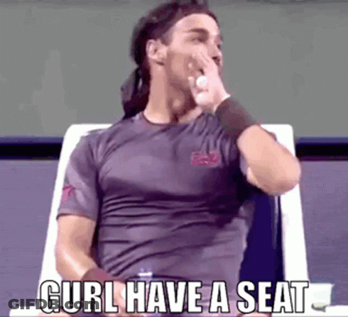 A Man Is Sitting In A Chair With His Hand On His Face And The Words `` Gurl Have A Seat '' Written Above Him . GIF