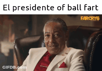 A Man Is Sitting In A Chair With The Words El Presidente Of Ball Fart GIF