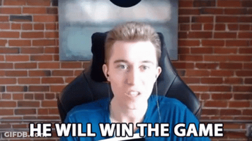 A Man Is Sitting In A Chair With The Words He Will Win The Game Behind Him GIF