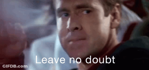 A Man Is Sitting In A Chair With The Words `` Leave No Doubt '' Written On The Screen Behind Him . GIF