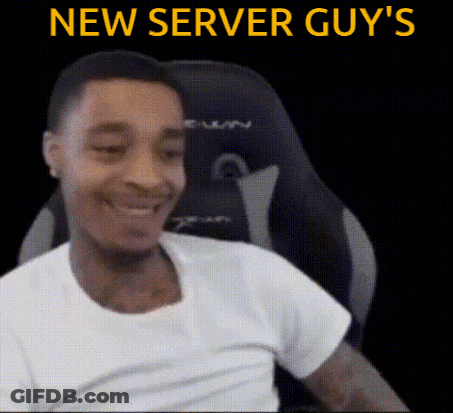 A Man Is Sitting In A Chair With The Words New Server Guy 'S Written Above Him GIF