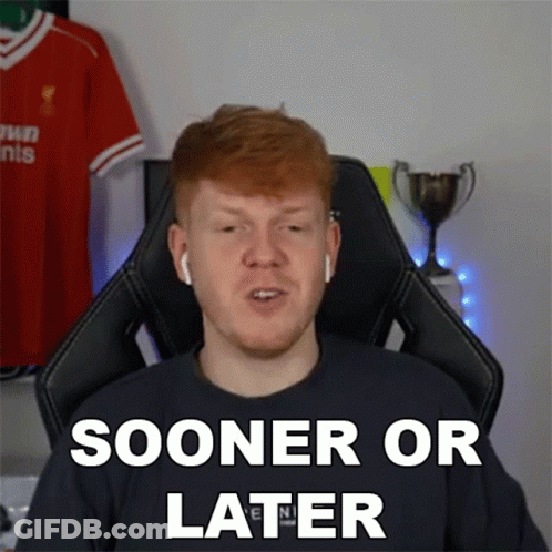 A Man Is Sitting In A Chair With The Words Sooner Or Later Written On His Shirt GIF