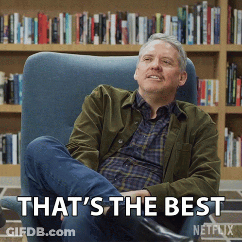 A Man Is Sitting In A Chair With The Words " That 'S The Best " Written Below Him GIF