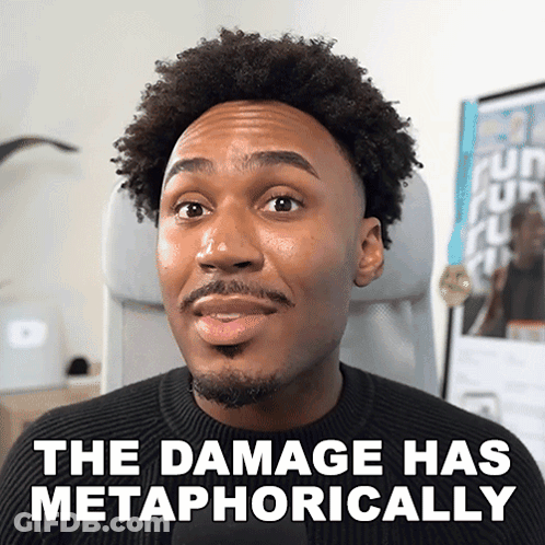 A Man Is Sitting In A Chair With The Words " The Damage Has Metaphorically " Written Below Him GIF