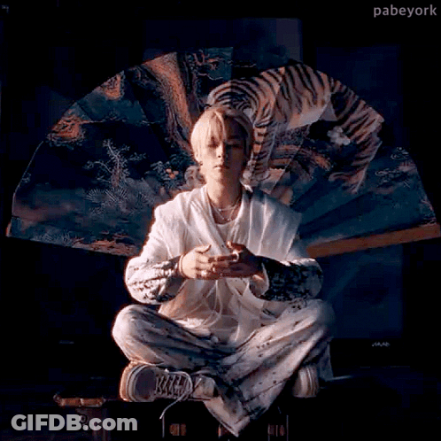 A Man Is Sitting In A Lotus Position Holding A Fan With A Picture Of A Tiger On It . GIF