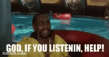 A Man Is Sitting In A Raft In A Pool And Saying `` God , If You Listening , Help ! '' GIF