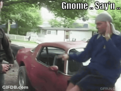 A Man Is Sitting In A Red Car With The Words Gnome Say N On The Bottom GIF