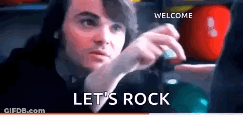 A Man Is Sitting In Front Of A Bowling Alley With The Words `` Welcome Let 'S Rock '' Written On The Bottom . GIF