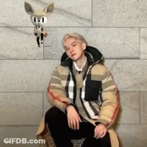 A Man Is Sitting In Front Of A Brick Wall With A Stuffed Animal Hanging From His Head . GIF