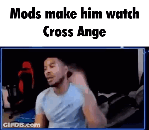 A Man Is Sitting In Front Of A Computer Screen With The Words Mods Make Him Watch Cross Ange On It . GIF