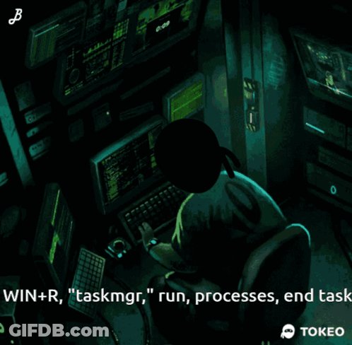 A Man Is Sitting In Front Of A Computer With The Words Win + R " Taskmgr " Run Processes End Task Below Him GIF