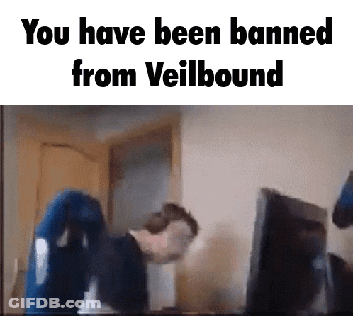 A Man Is Sitting In Front Of A Computer With The Words " You Have Been Banned From Veilbound " GIF