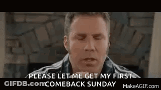 A Man Is Sitting In Front Of A Fireplace And Saying `` Please Let Me Get My First Comeback Sunday '' GIF