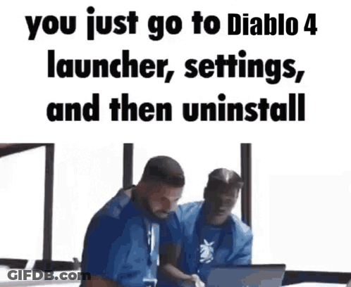 A Man Is Sitting In Front Of A Laptop With The Words You Just Go To Diablo 4 Launcher Settings And Then Uninstall Above GIF