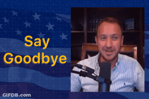 A Man Is Sitting In Front Of A Microphone With The Words Say Goodbye Behind Him GIF