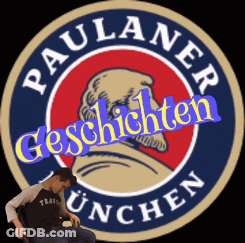 A Man Is Sitting In Front Of A Paulaner Munchen Logo GIF