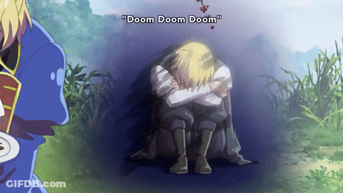 A Man Is Sitting In The Dark With The Words " Doom Doom Doom " Written Above Him GIF